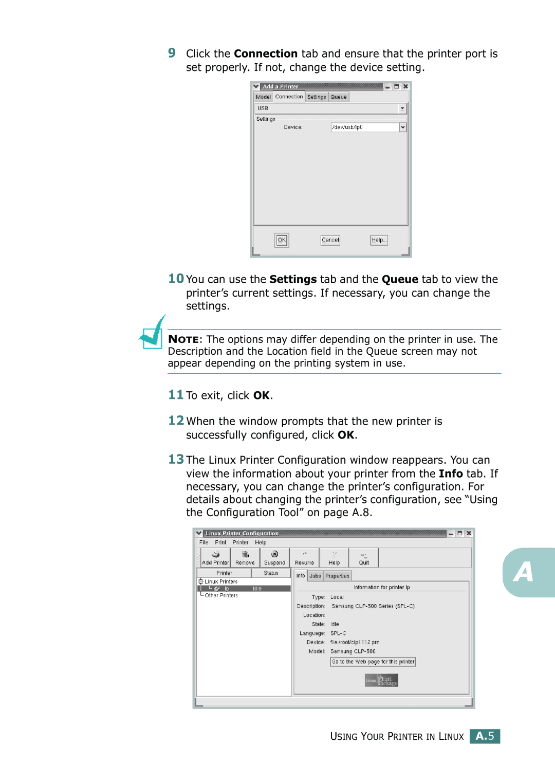 Samsung 500N setup guide Using Your Printer in Linux A.5 