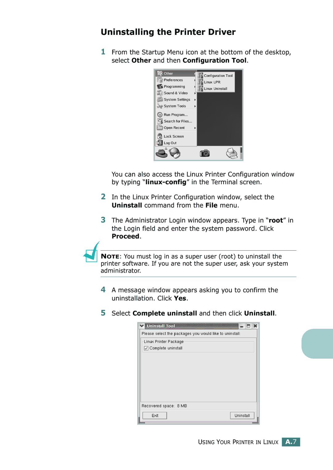 Samsung 500N setup guide Uninstalling the Printer Driver, Select Complete uninstall and then click Uninstall 