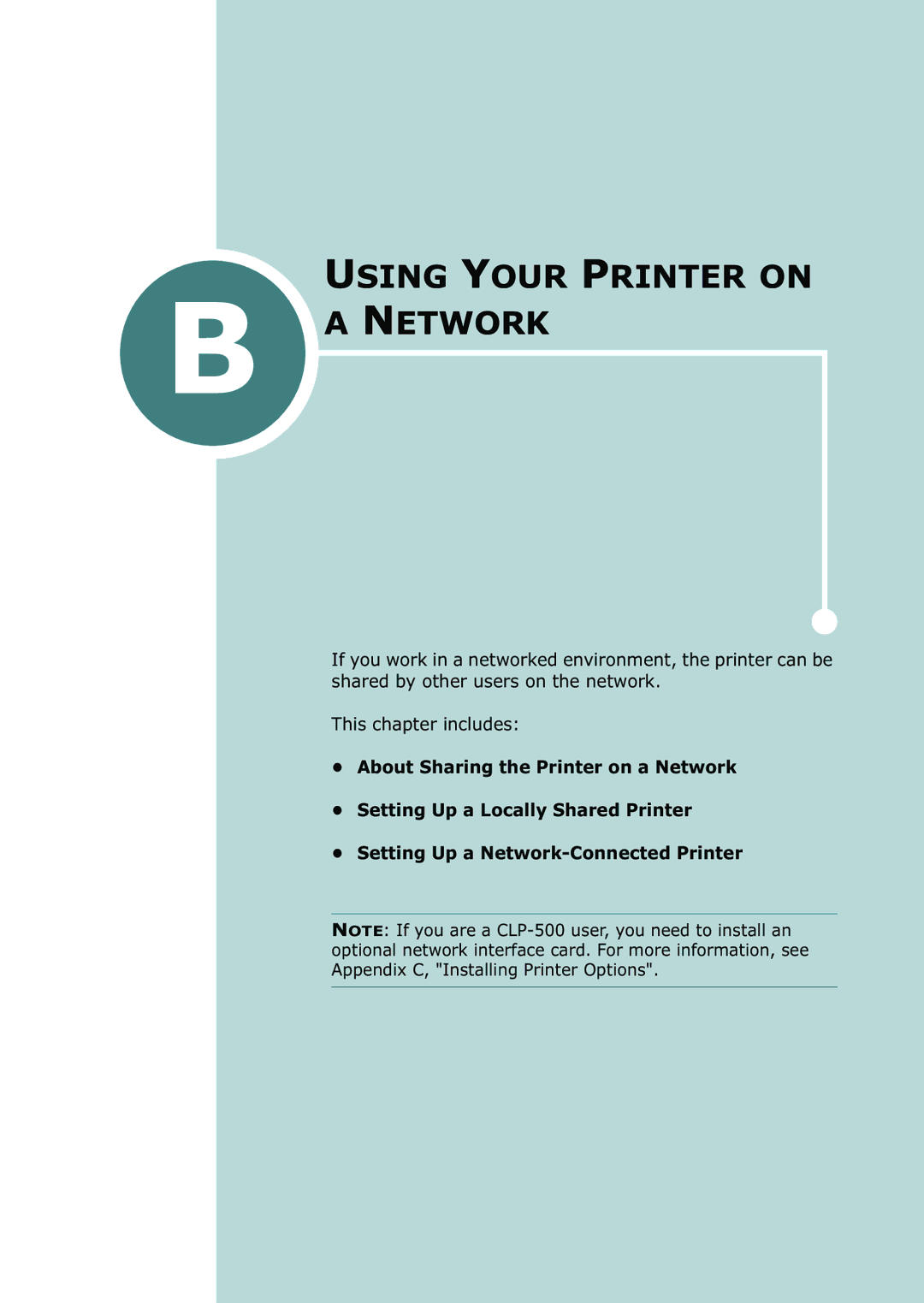 Samsung 500N setup guide Using Your Printer on Network 