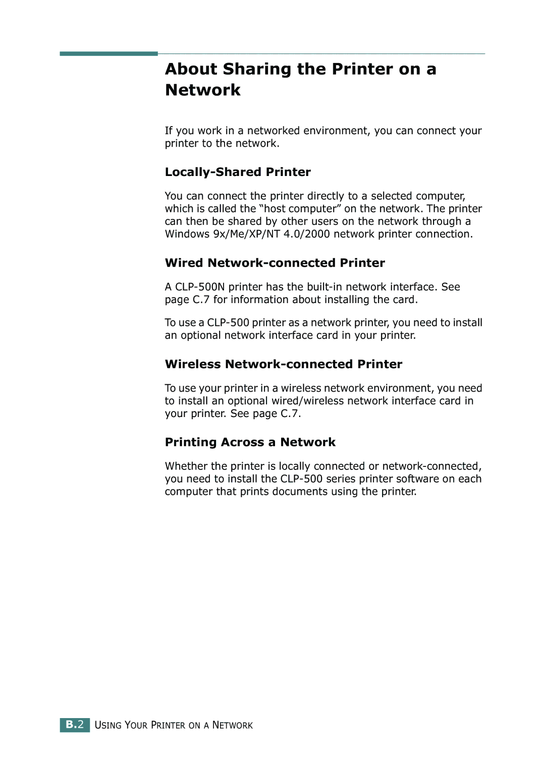 Samsung 500N setup guide About Sharing the Printer on a Network, Locally-Shared Printer, Wired Network-connected Printer 