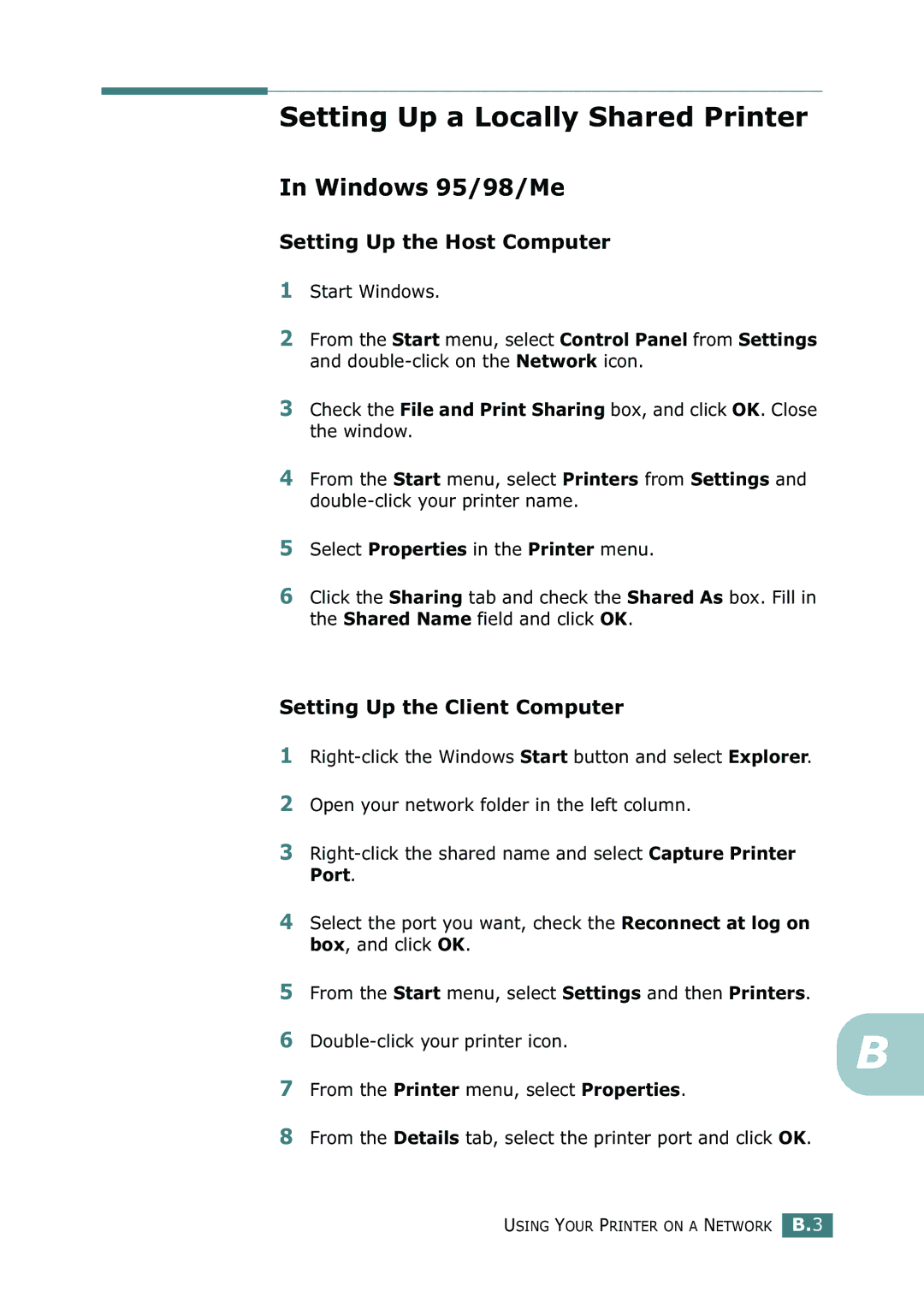 Samsung 500N setup guide Setting Up a Locally Shared Printer, Windows 95/98/Me, Setting Up the Host Computer 