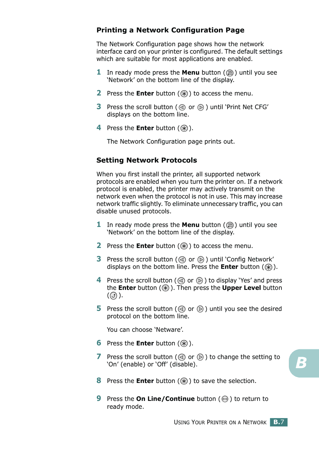 Samsung 500N setup guide Printing a Network Configuration, Setting Network Protocols 