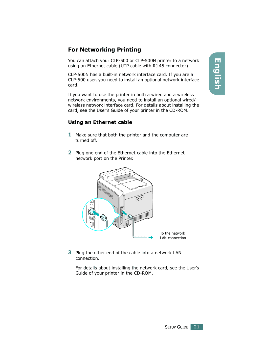 Samsung 500N setup guide For Networking Printing, Using an Ethernet cable 