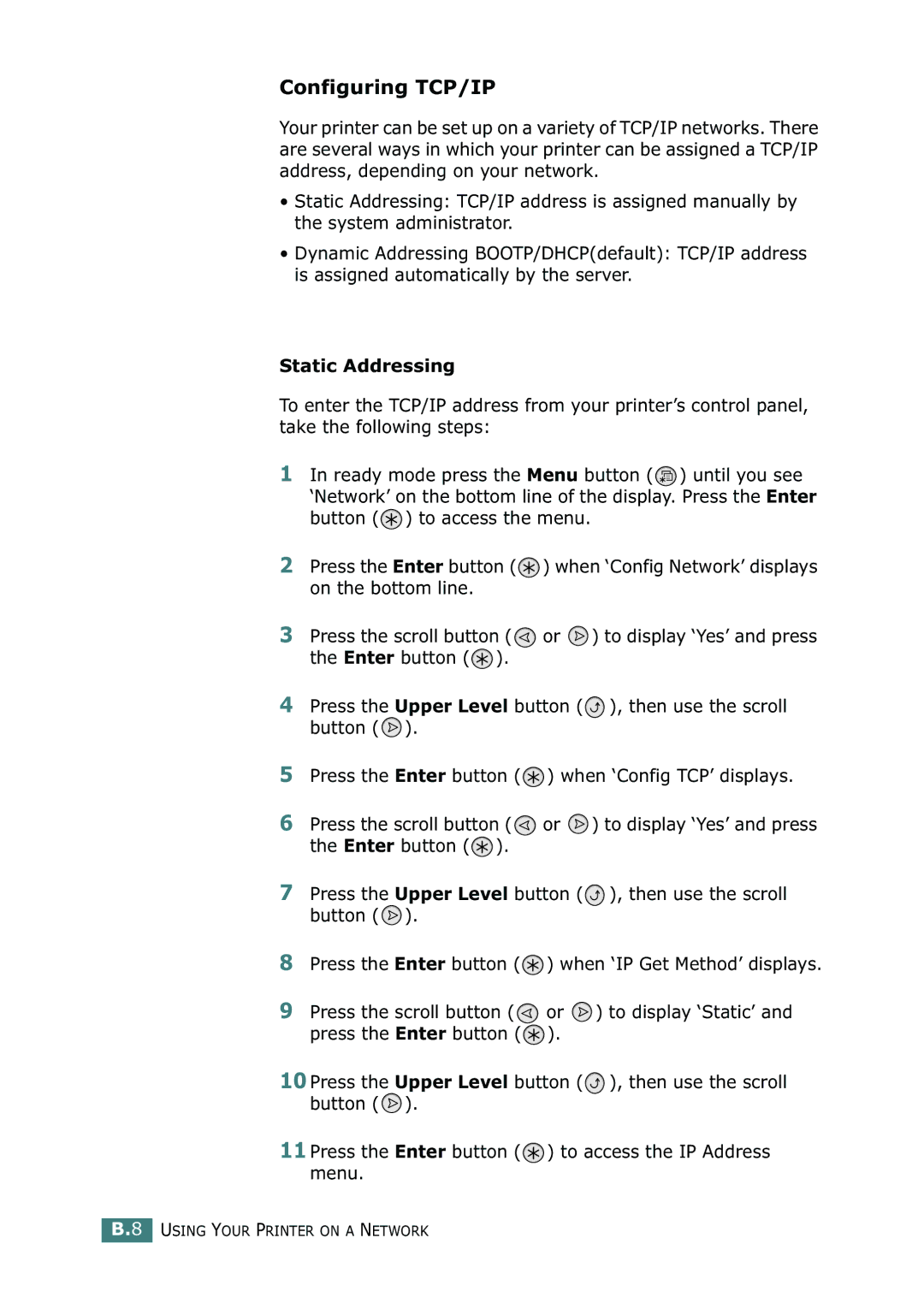 Samsung 500N setup guide Configuring TCP/IP, Static Addressing 