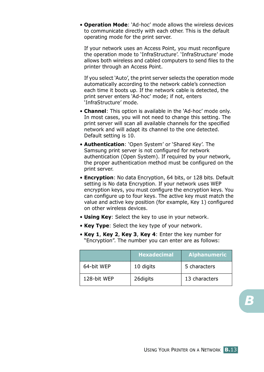 Samsung 500N setup guide Hexadecimal Alphanumeric, Bit WEP Digits Characters 26digits 