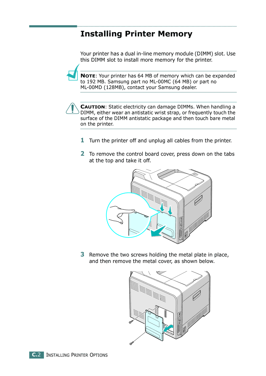 Samsung 500N setup guide Installing Printer Memory 