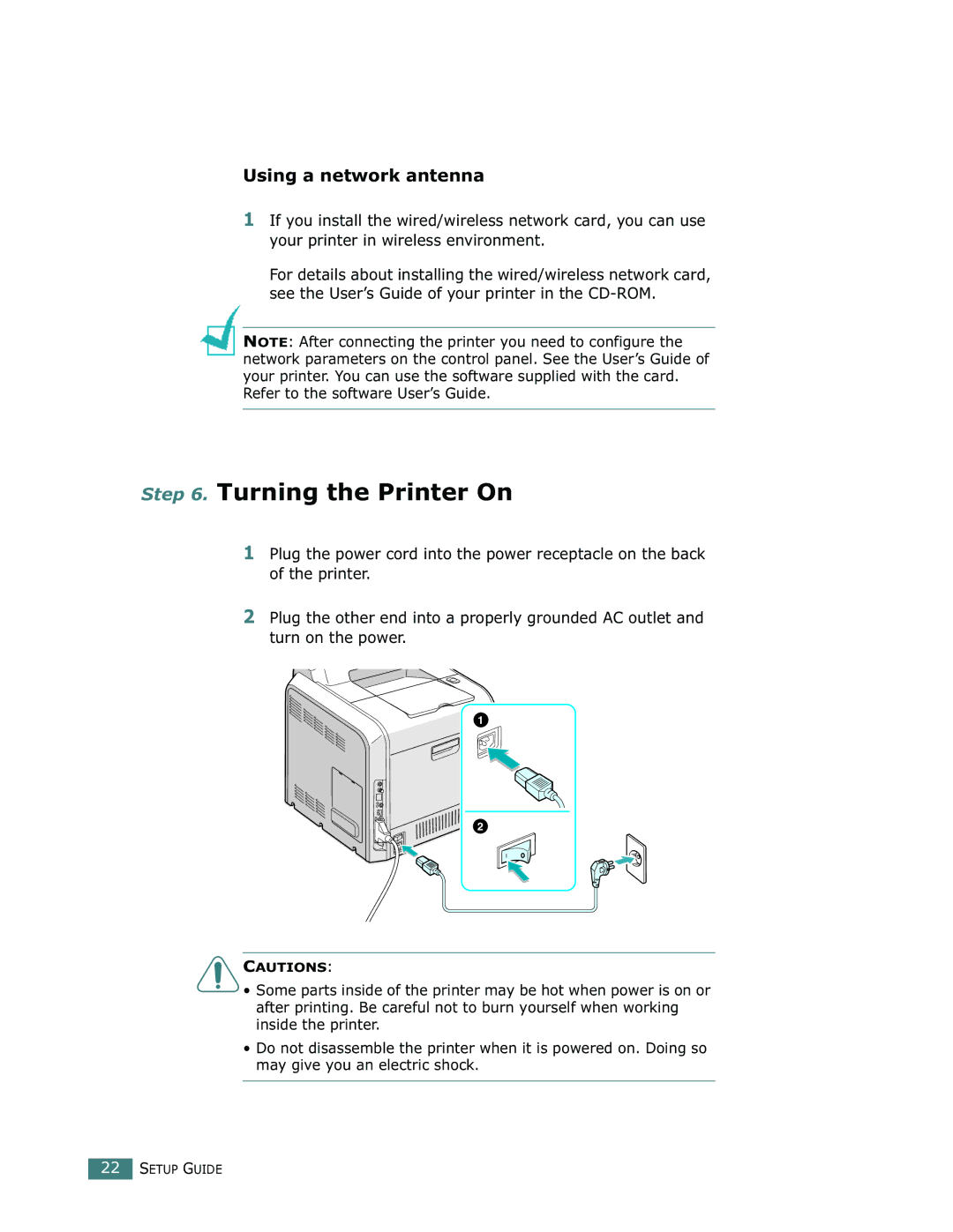 Samsung 500N setup guide Turning the Printer On, Using a network antenna 