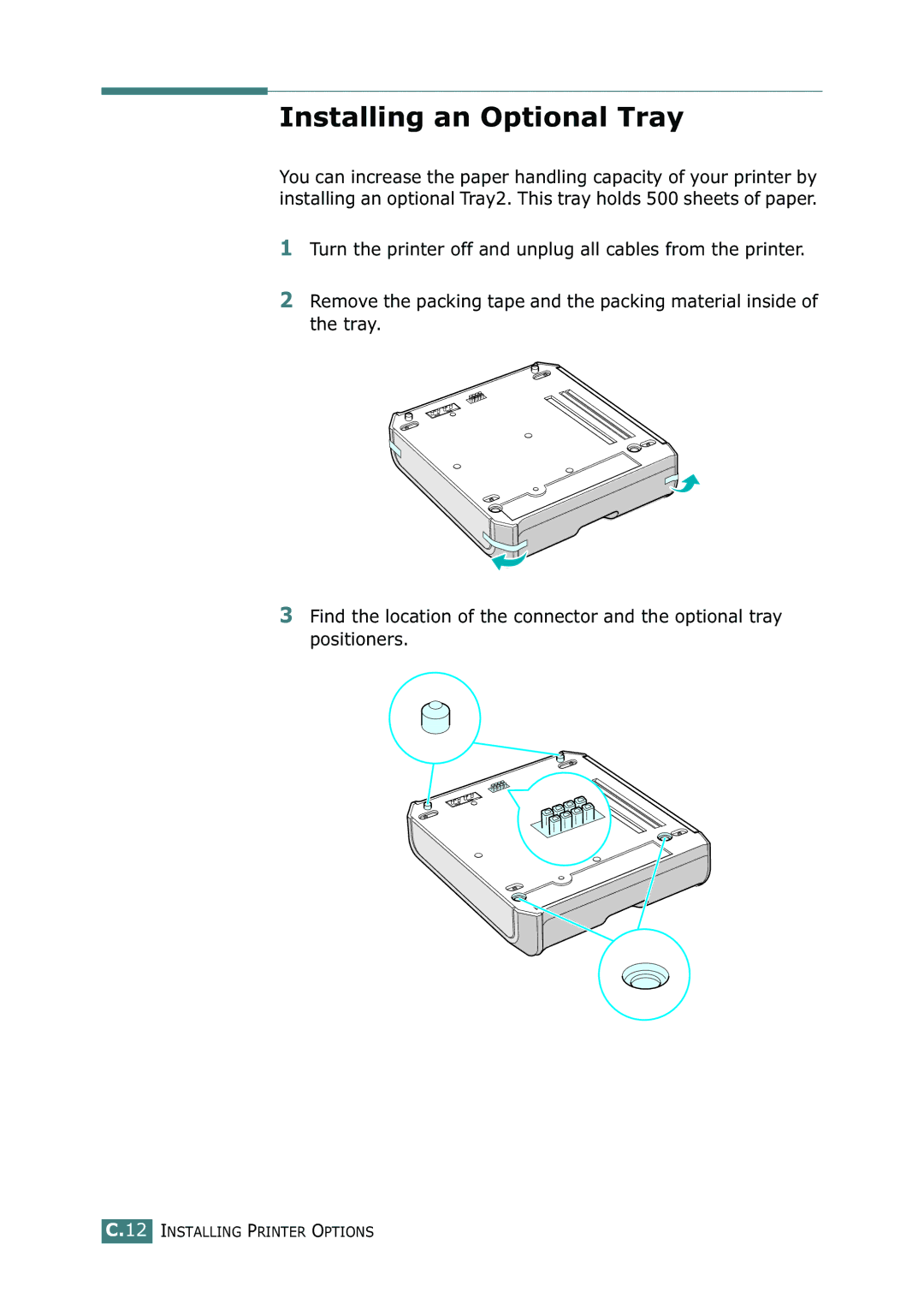 Samsung 500N setup guide Installing an Optional Tray 