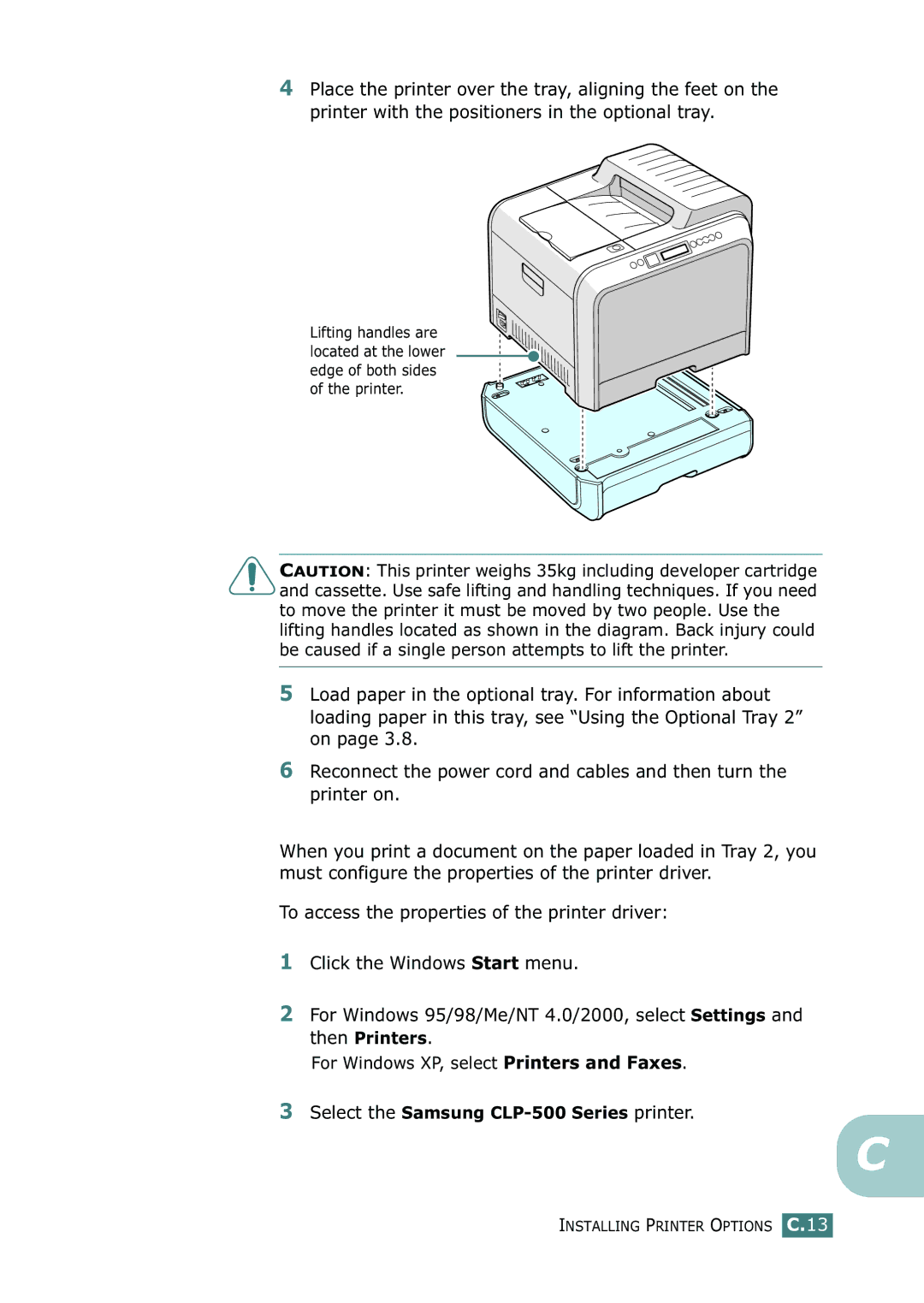 Samsung 500N setup guide Installing Printer Options C.13 