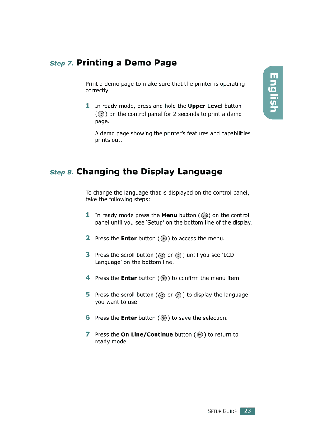 Samsung 500N setup guide Printing a Demo, Changing the Display Language 