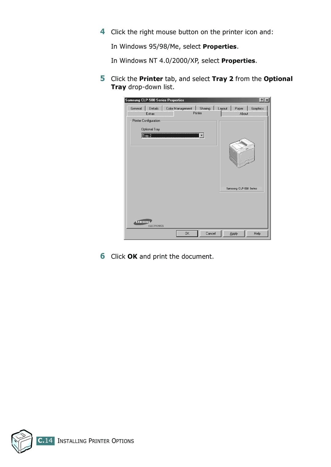 Samsung 500N setup guide Installing Printer Options 