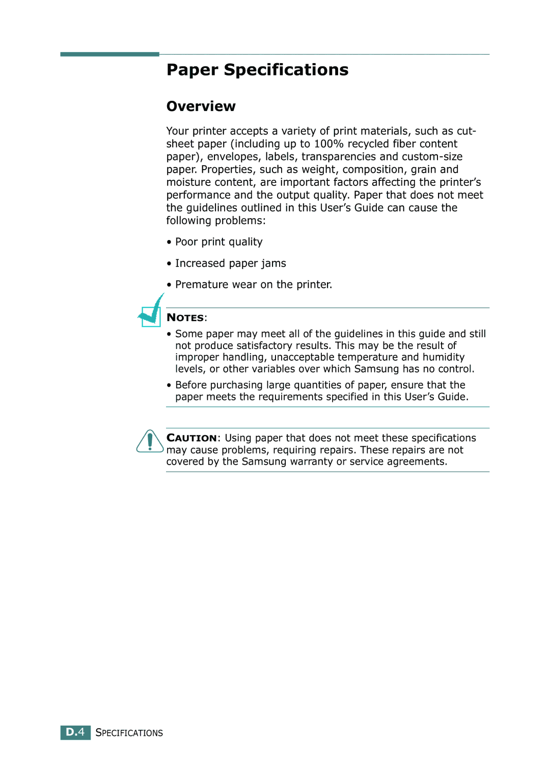 Samsung 500N setup guide Paper Specifications, Overview 