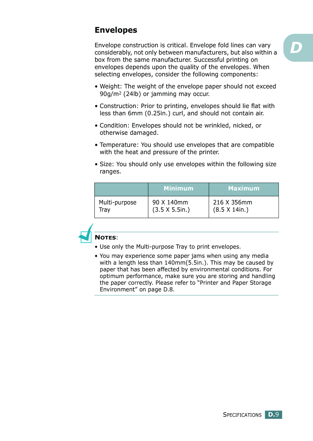 Samsung 500N setup guide Envelopes, Minimum Maximum 