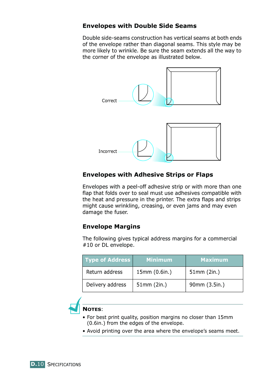 Samsung 500N setup guide Envelopes with Double Side Seams, Envelopes with Adhesive Strips or Flaps, Envelope Margins 