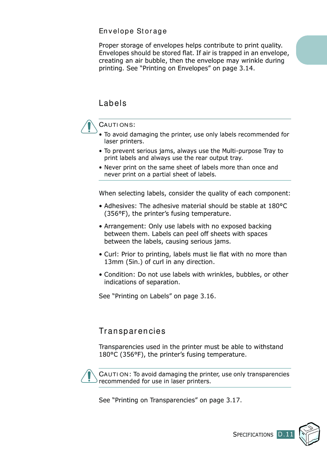 Samsung 500N setup guide Labels, Transparencies, Envelope Storage 