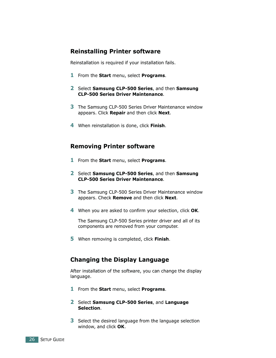 Samsung 500N setup guide Reinstalling Printer software, Removing Printer software, Changing the Display Language 