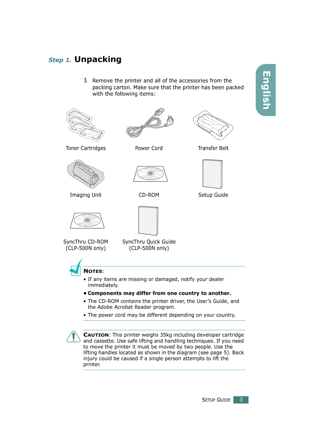 Samsung 500N setup guide Unpacking, Imaging Unit, Components may differ from one country to another 