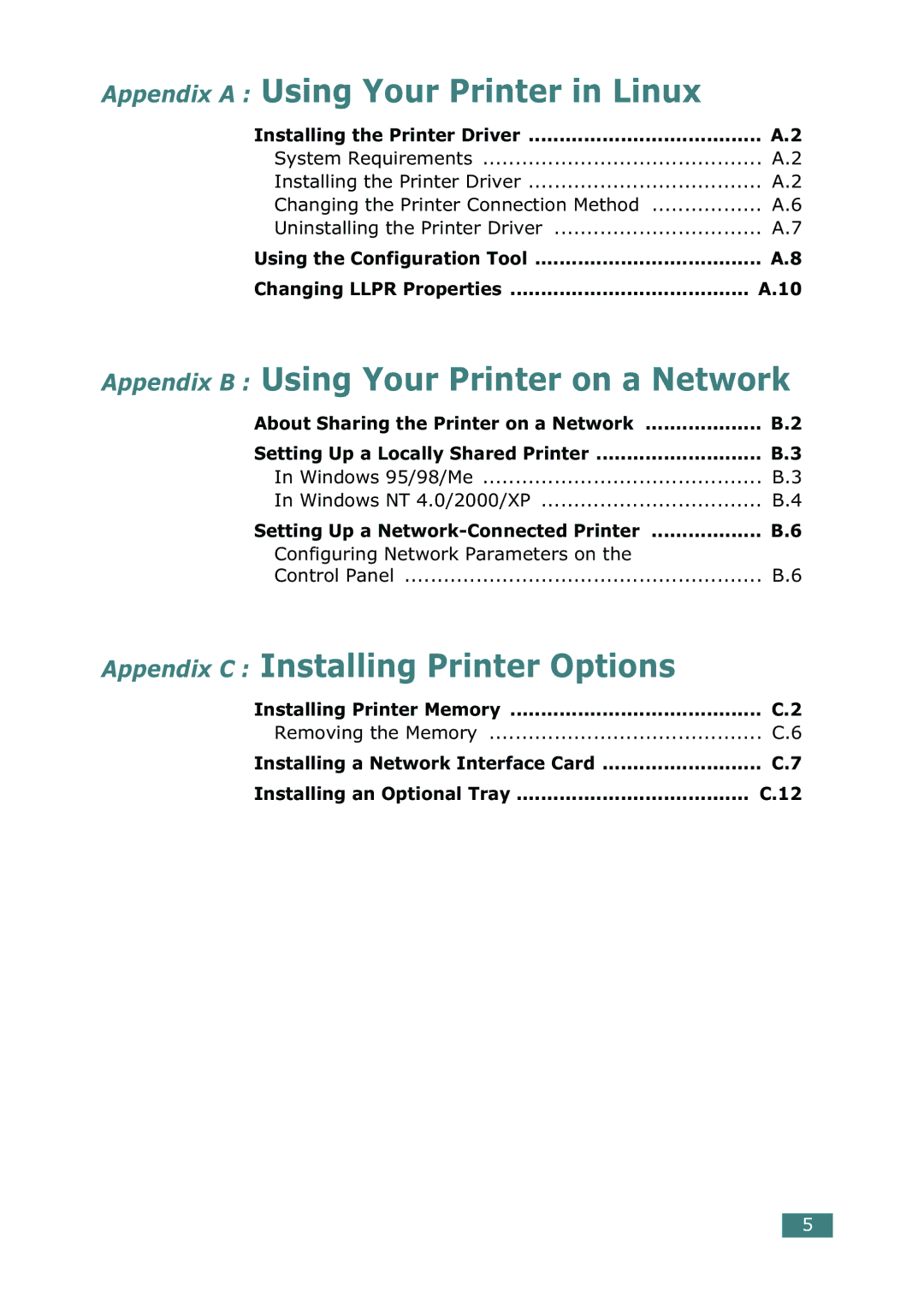 Samsung 500N About Sharing the Printer on a Network, Windows 95/98/Me Windows NT 4.0/2000/XP, Removing the Memory 