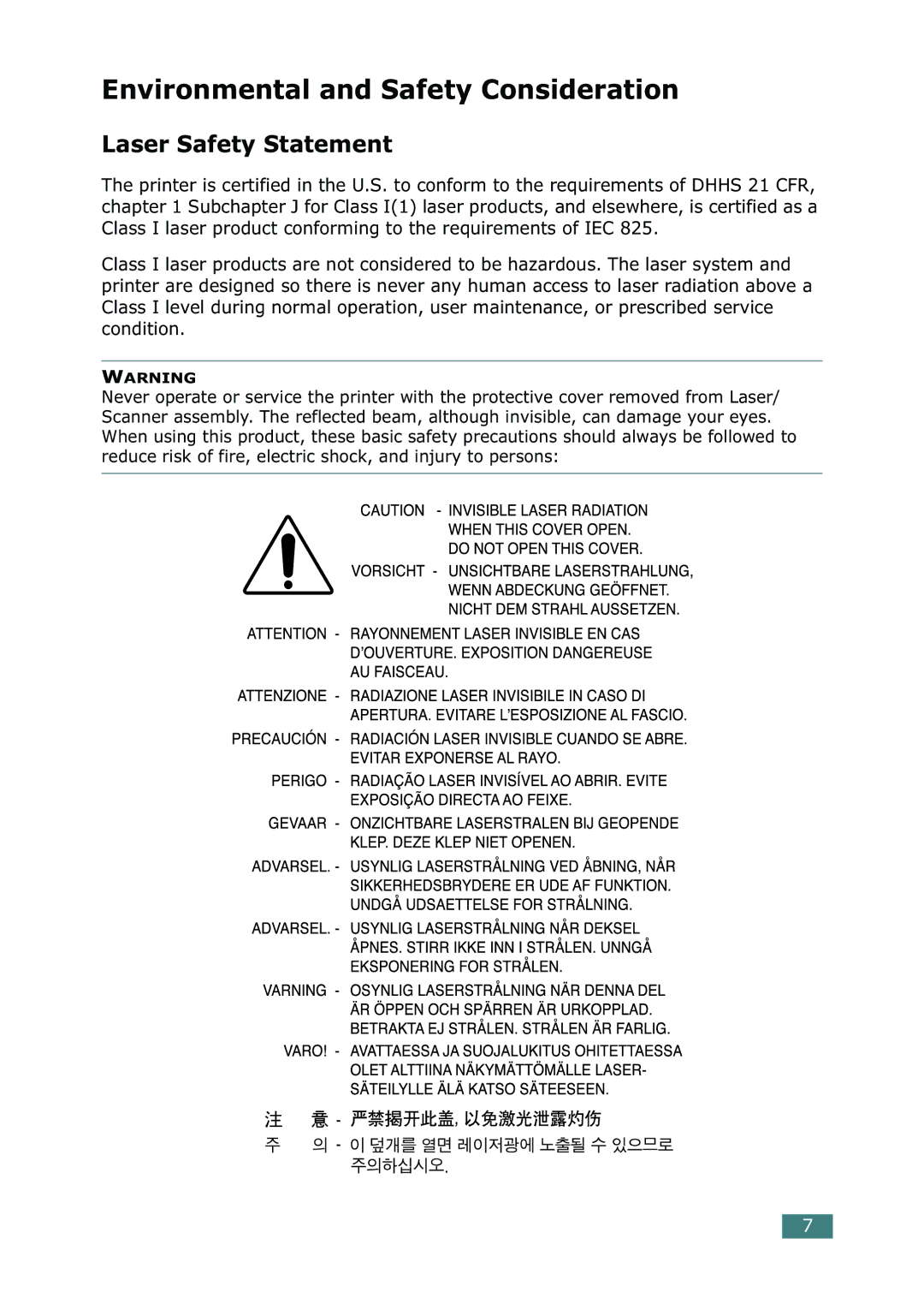 Samsung 500N setup guide Environmental and Safety Consideration, Laser Safety Statement 