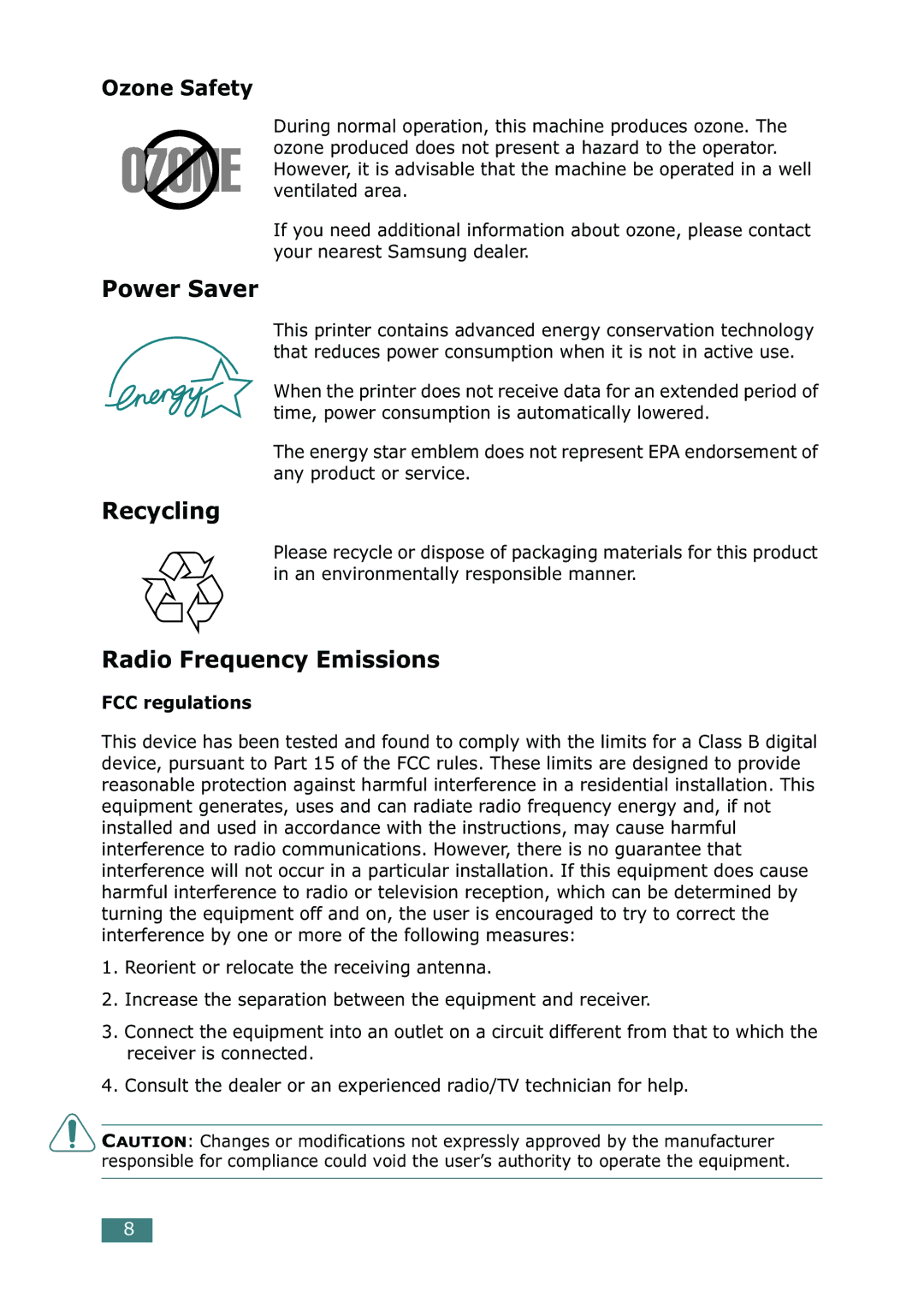 Samsung 500N setup guide Power Saver, Recycling, Radio Frequency Emissions, FCC regulations 