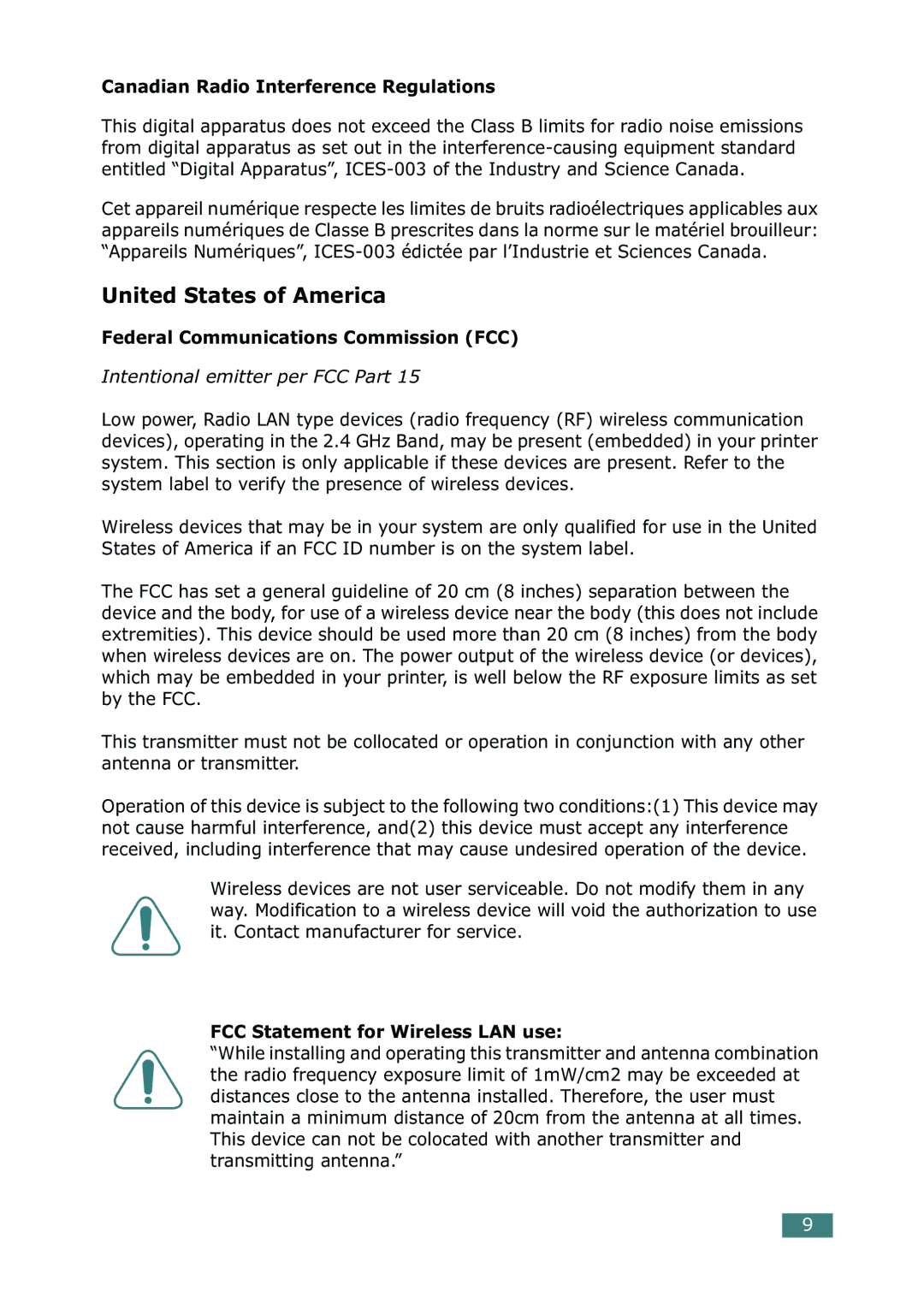 Samsung 500N setup guide Canadian Radio Interference Regulations, Federal Communications Commission FCC 