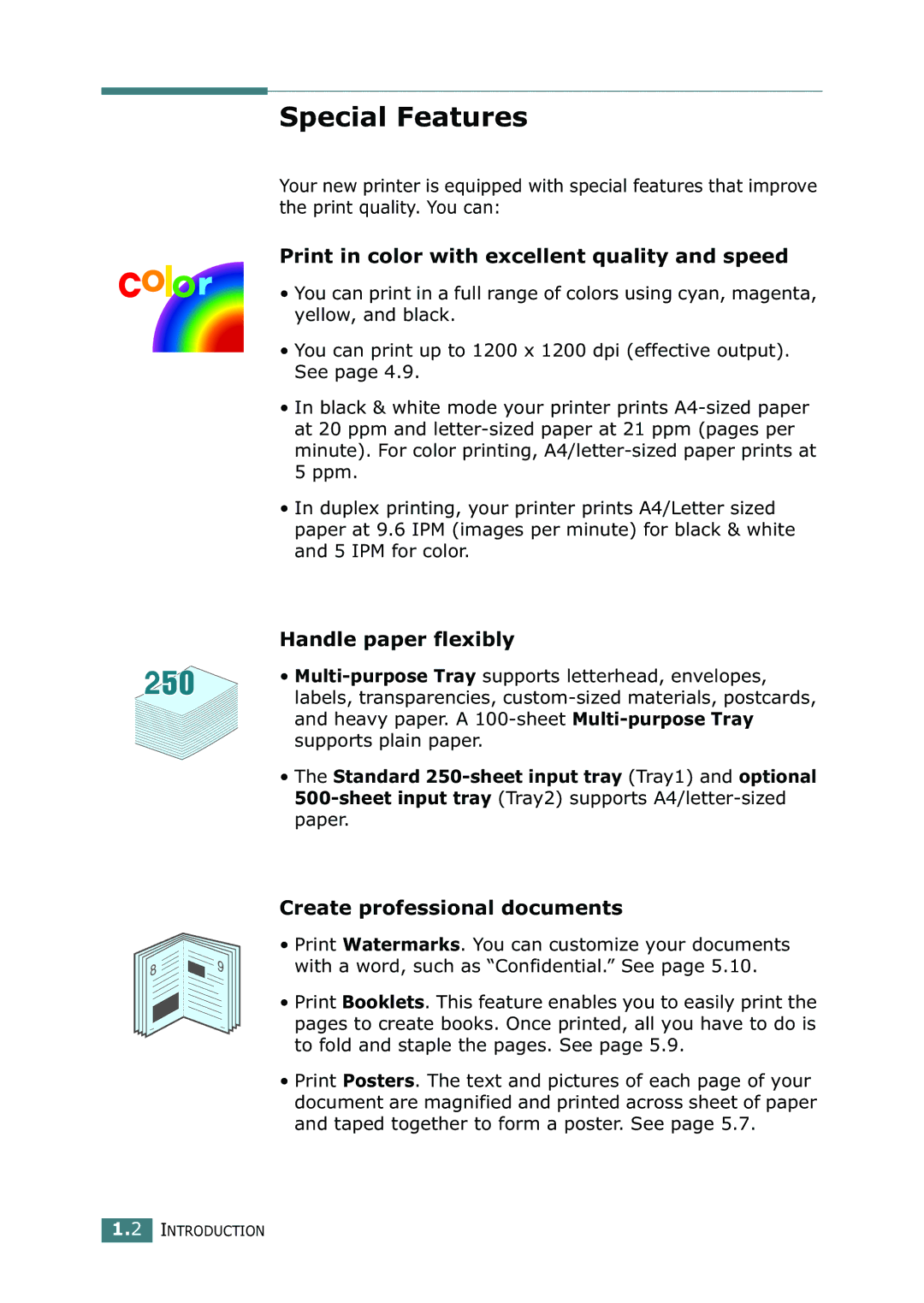 Samsung 500N setup guide Special Features, Print in color with excellent quality and speed, Handle paper flexibly 