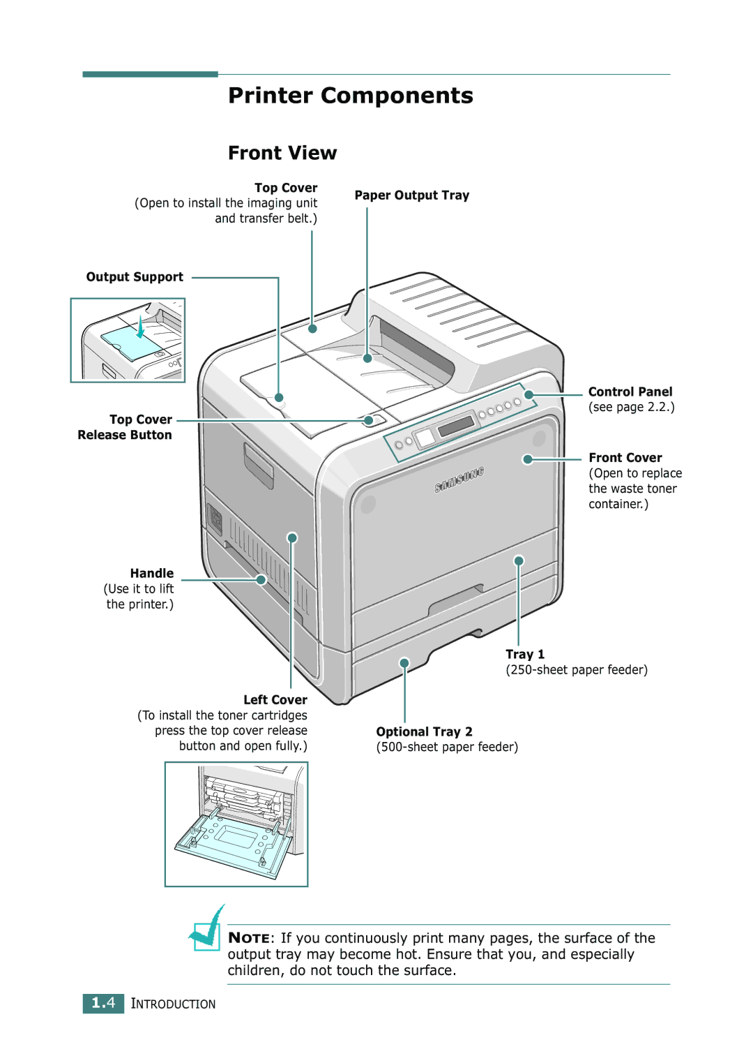 Samsung 500N setup guide Printer Components, Front View 