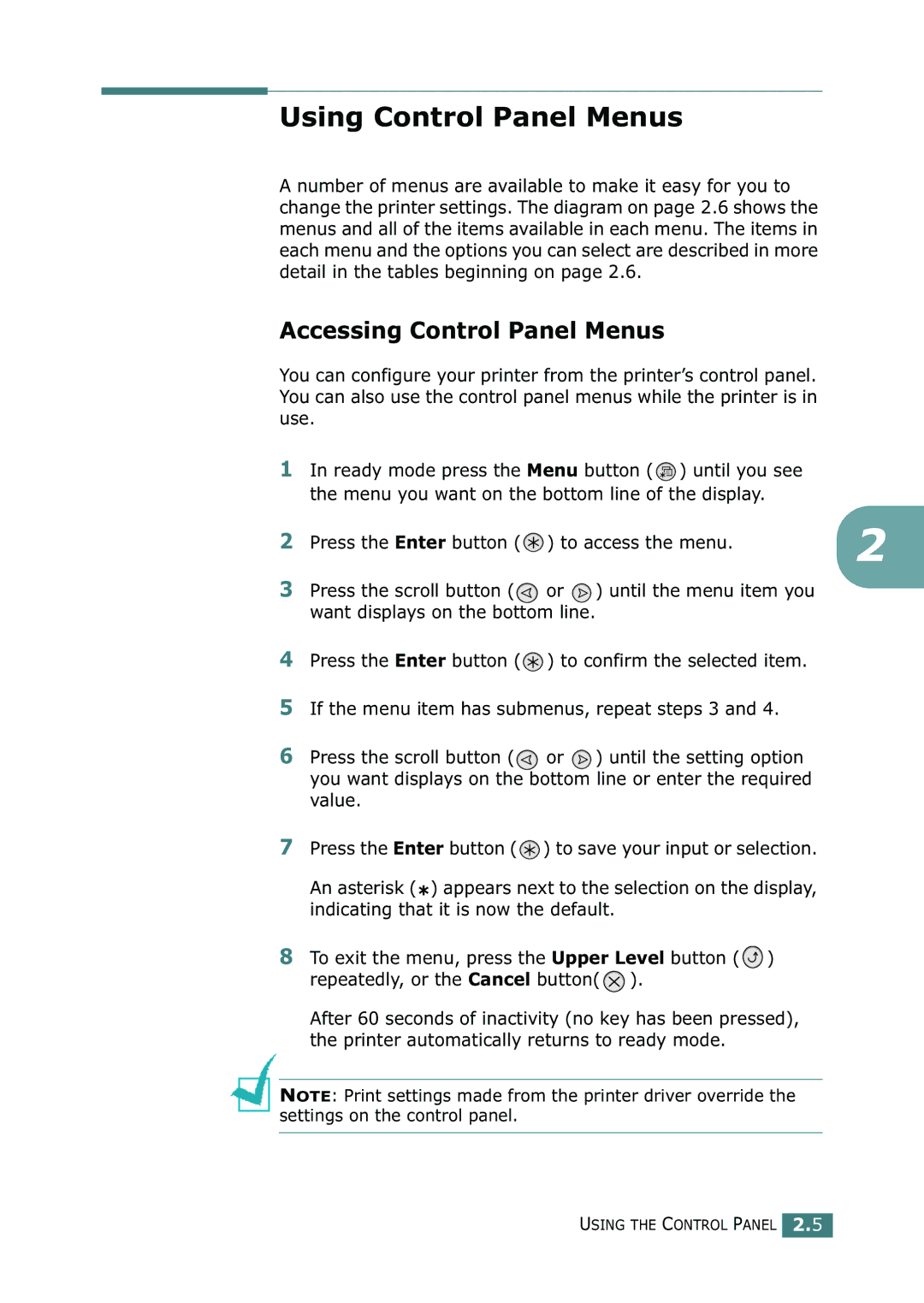 Samsung 500N setup guide Using Control Panel Menus, Accessing Control Panel Menus 