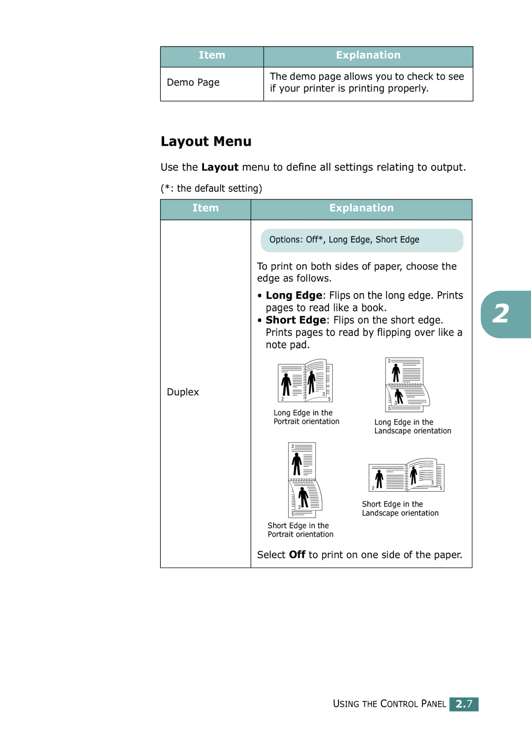 Samsung 500N Layout Menu, Demo, If your printer is printing properly, Select Off to print on one side of the paper 