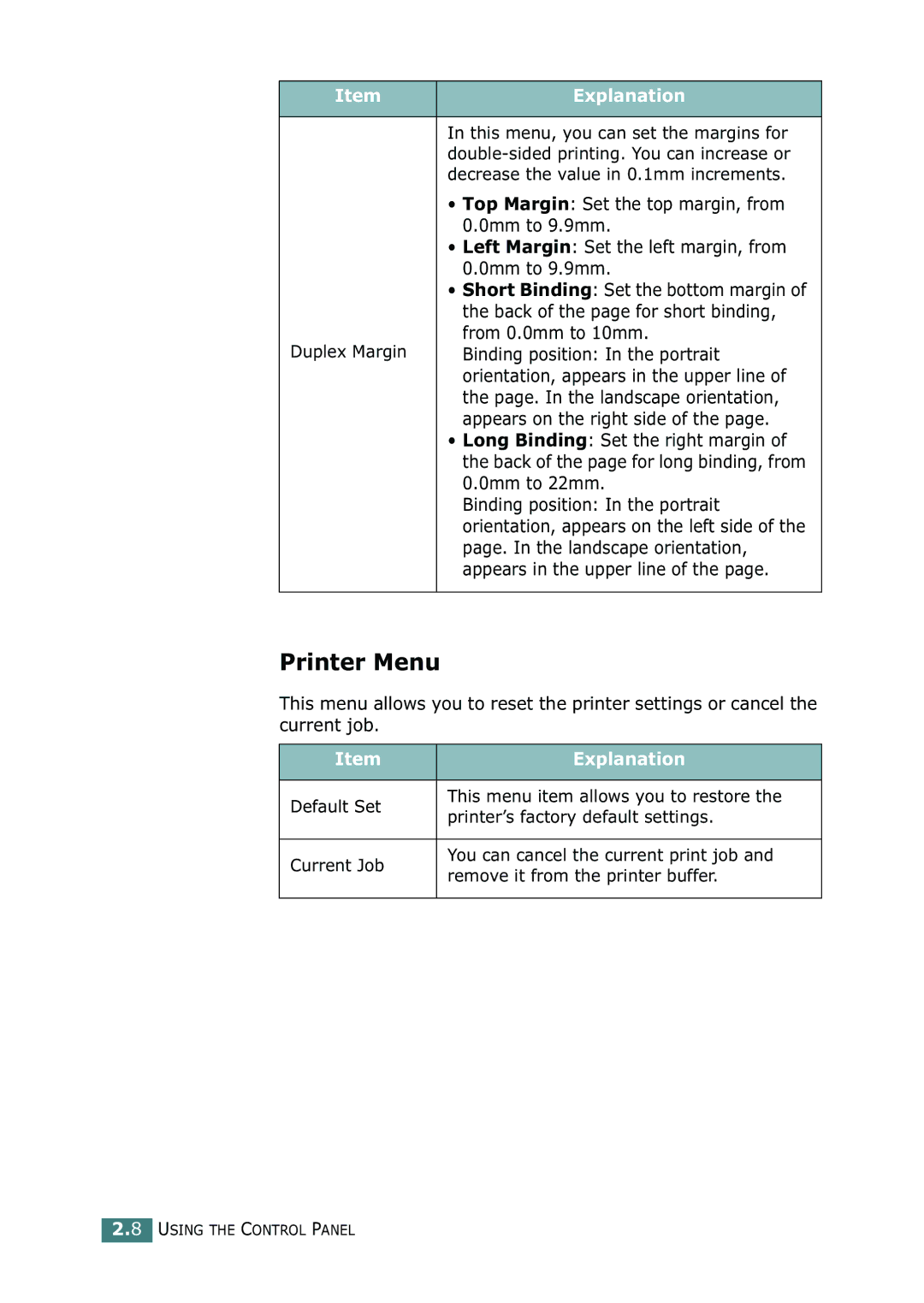 Samsung 500N setup guide Printer Menu 