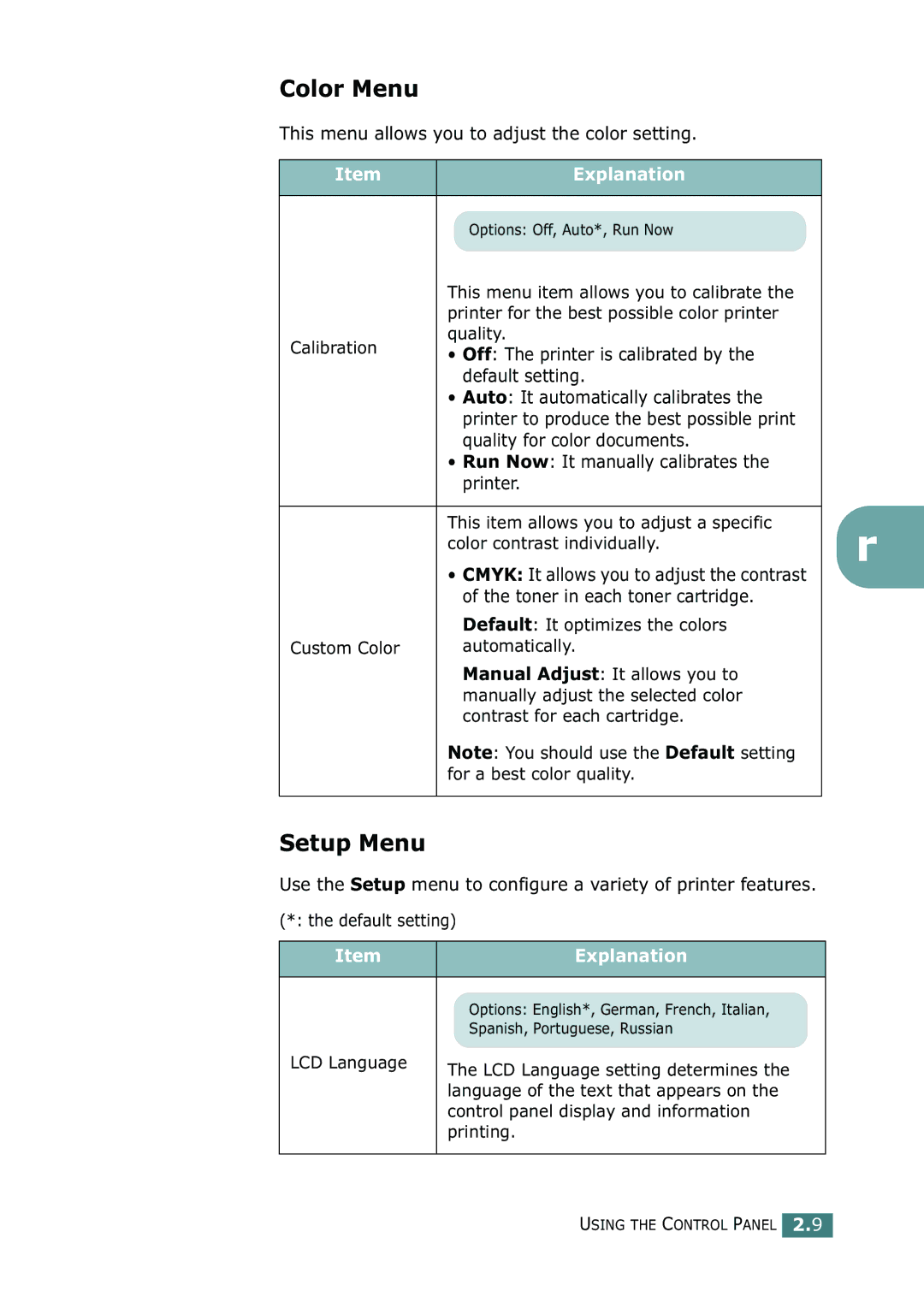 Samsung 500N setup guide Color Menu, Setup Menu 