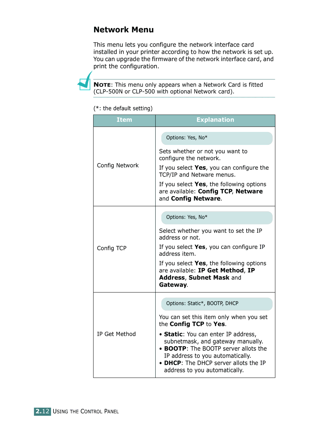 Samsung 500N setup guide Network Menu, Config Netware, Address, Subnet Mask, Gateway, Config TCP to Yes 