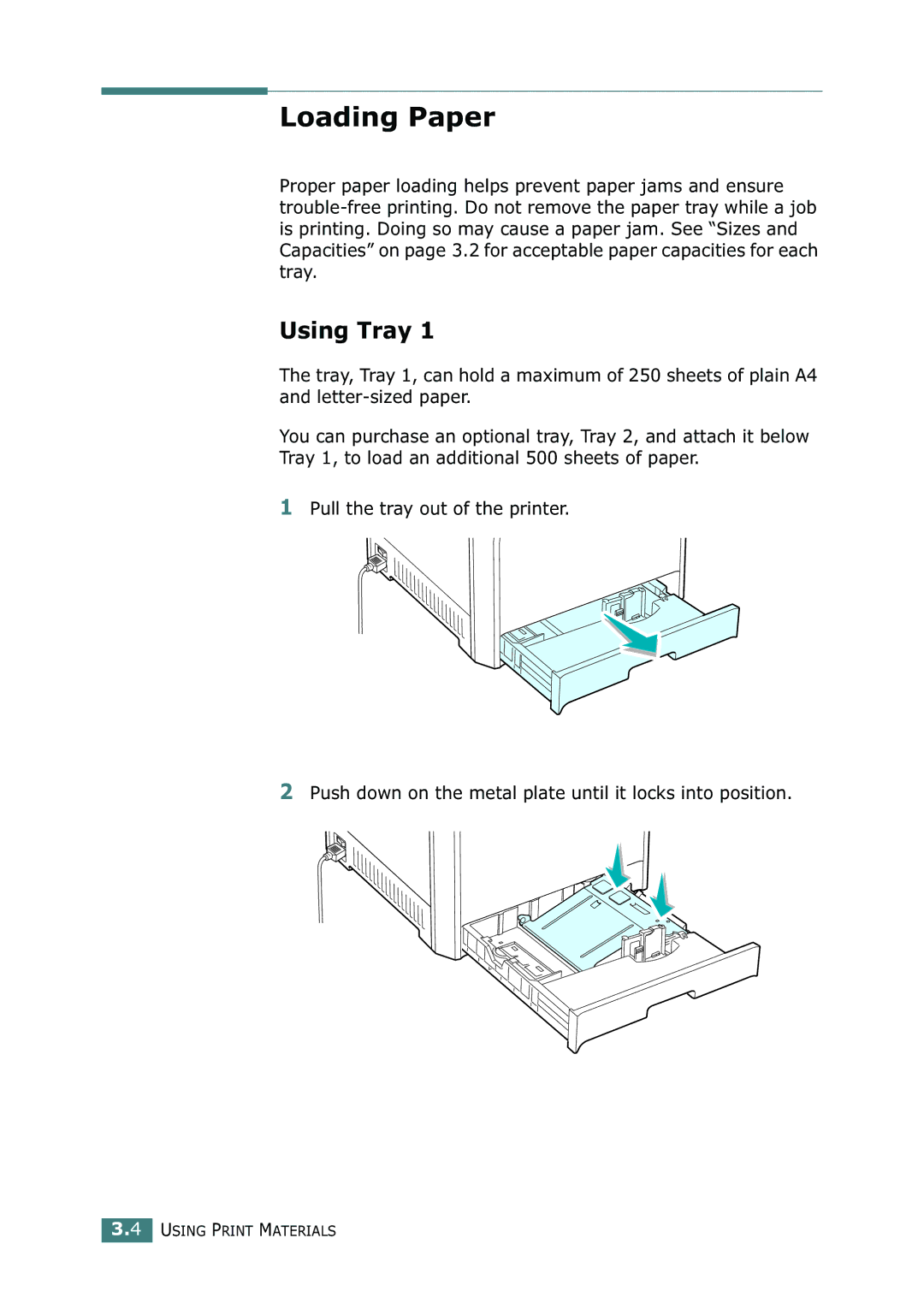 Samsung 500N setup guide Loading Paper, Using Tray 