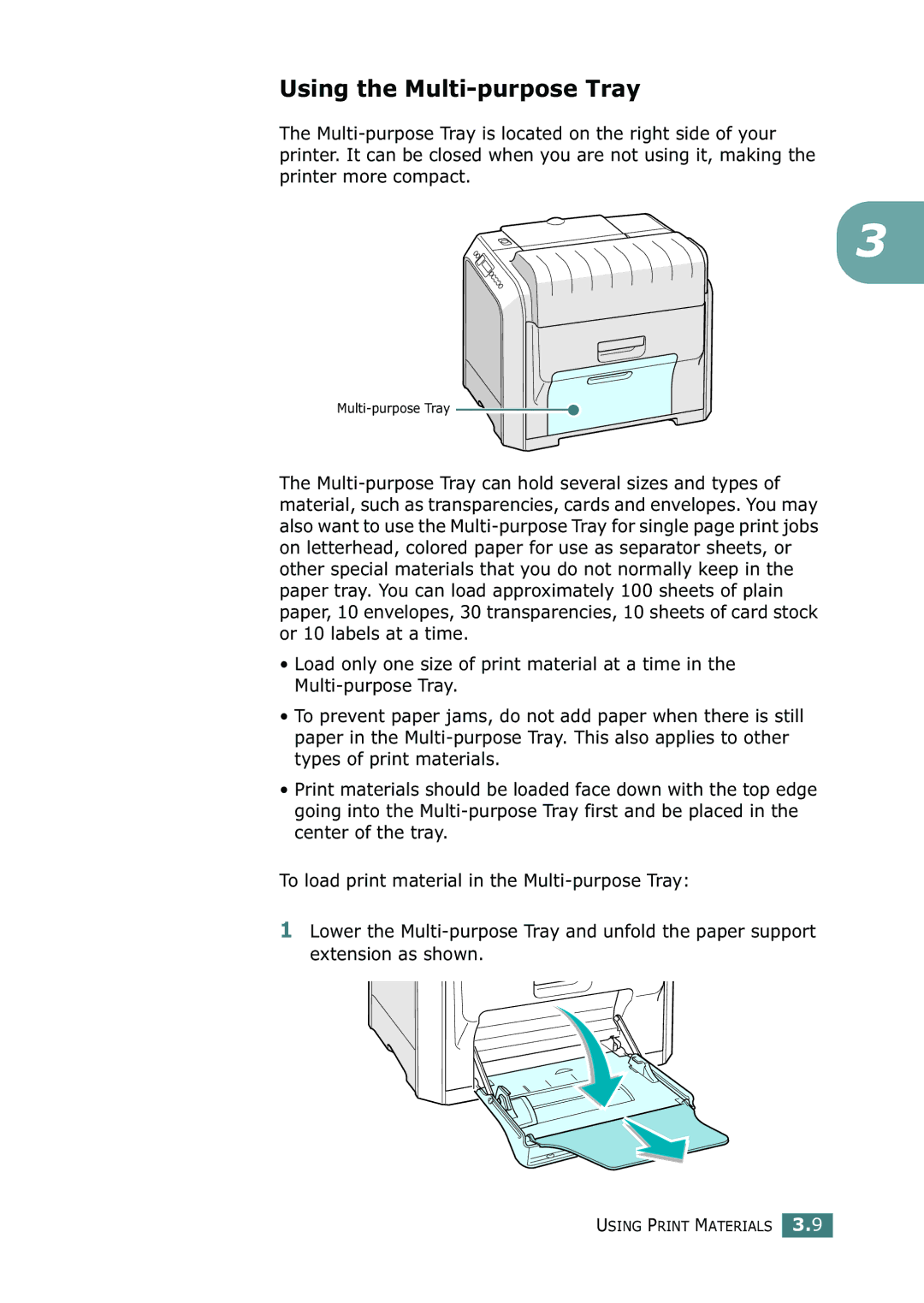 Samsung 500N setup guide Using the Multi-purpose Tray 