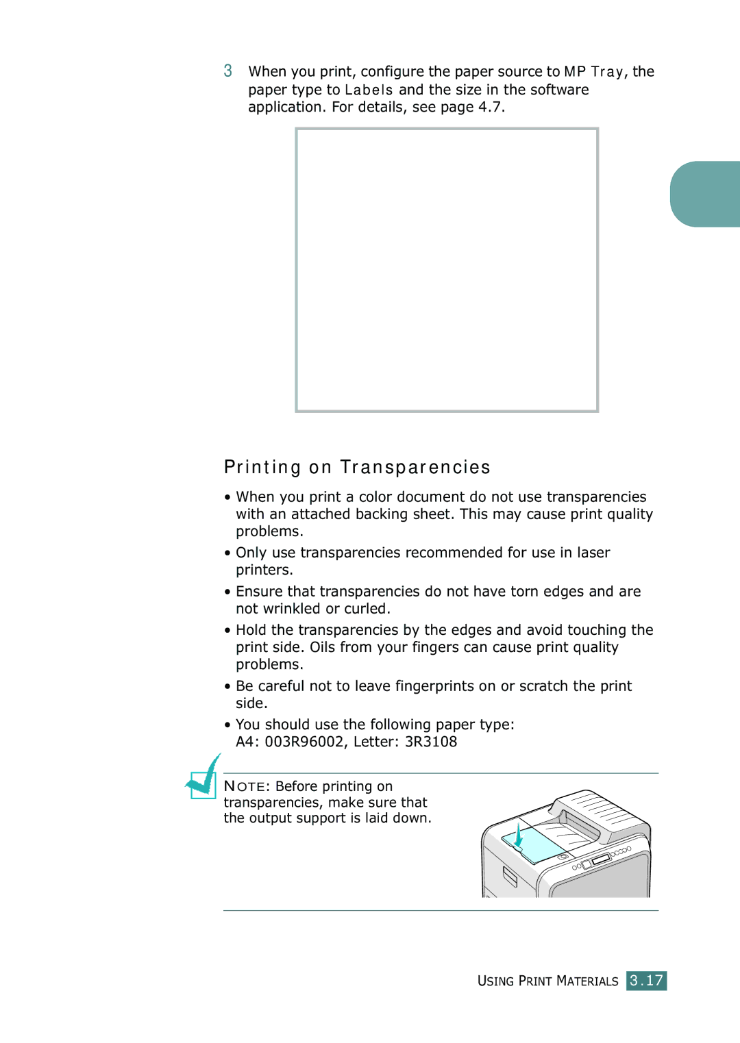 Samsung 500N setup guide Printing on Transparencies 