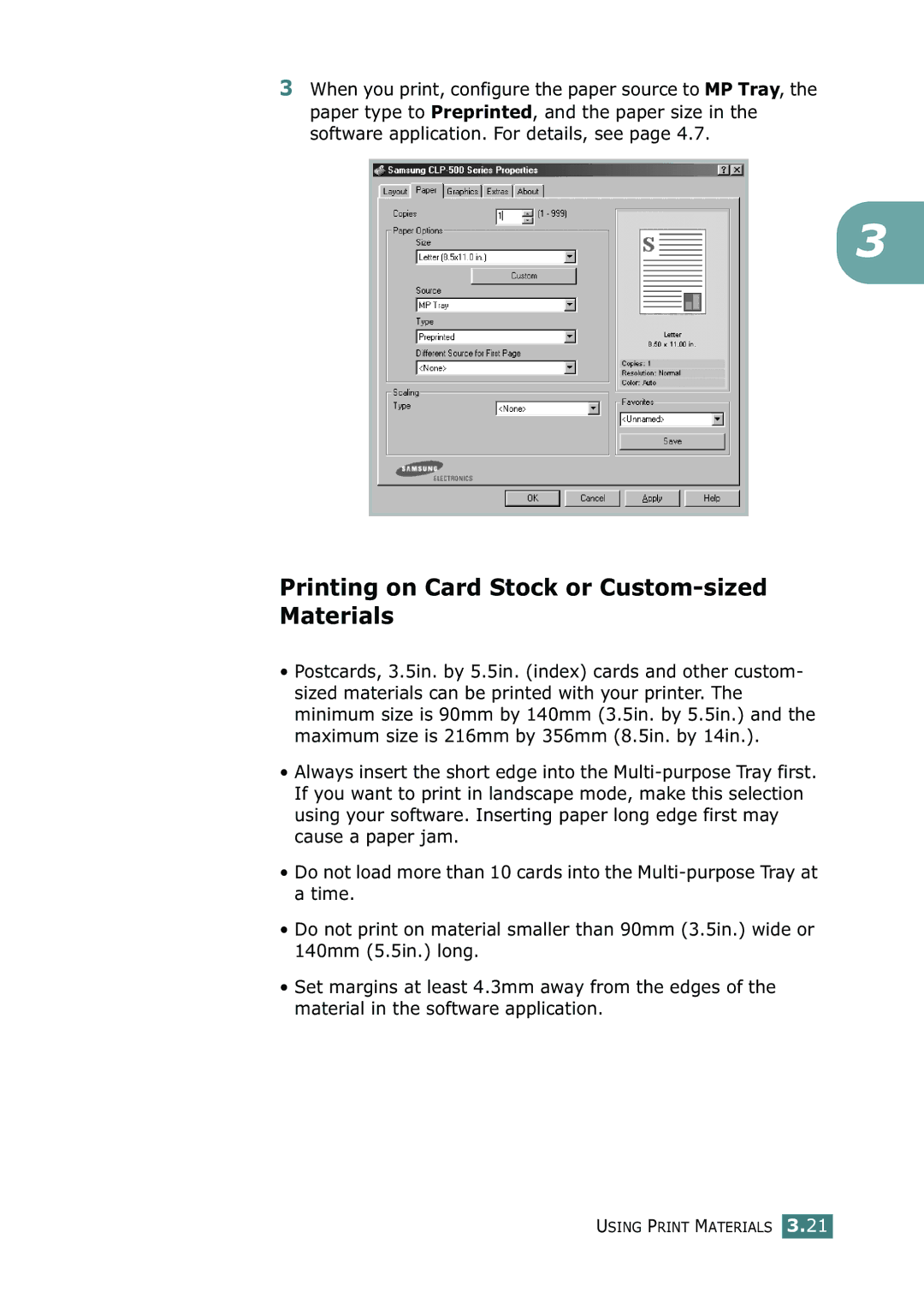 Samsung 500N setup guide Printing on Card Stock or Custom-sized Materials 