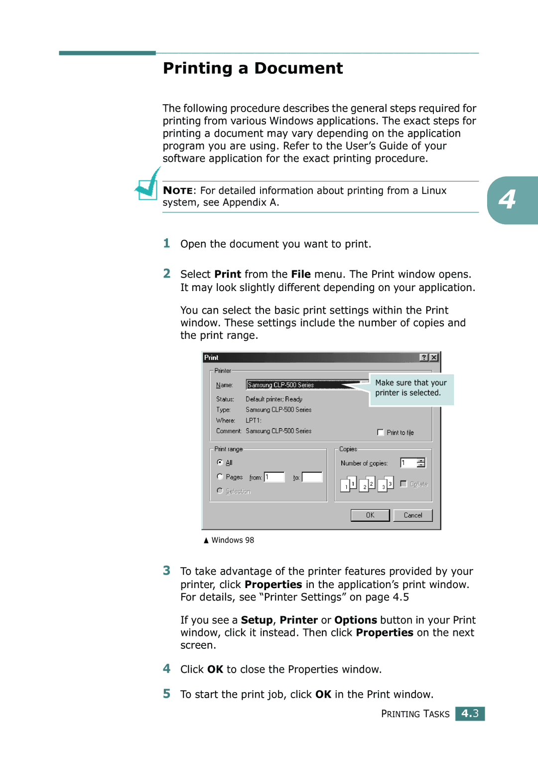 Samsung 500N setup guide Printing a Document 