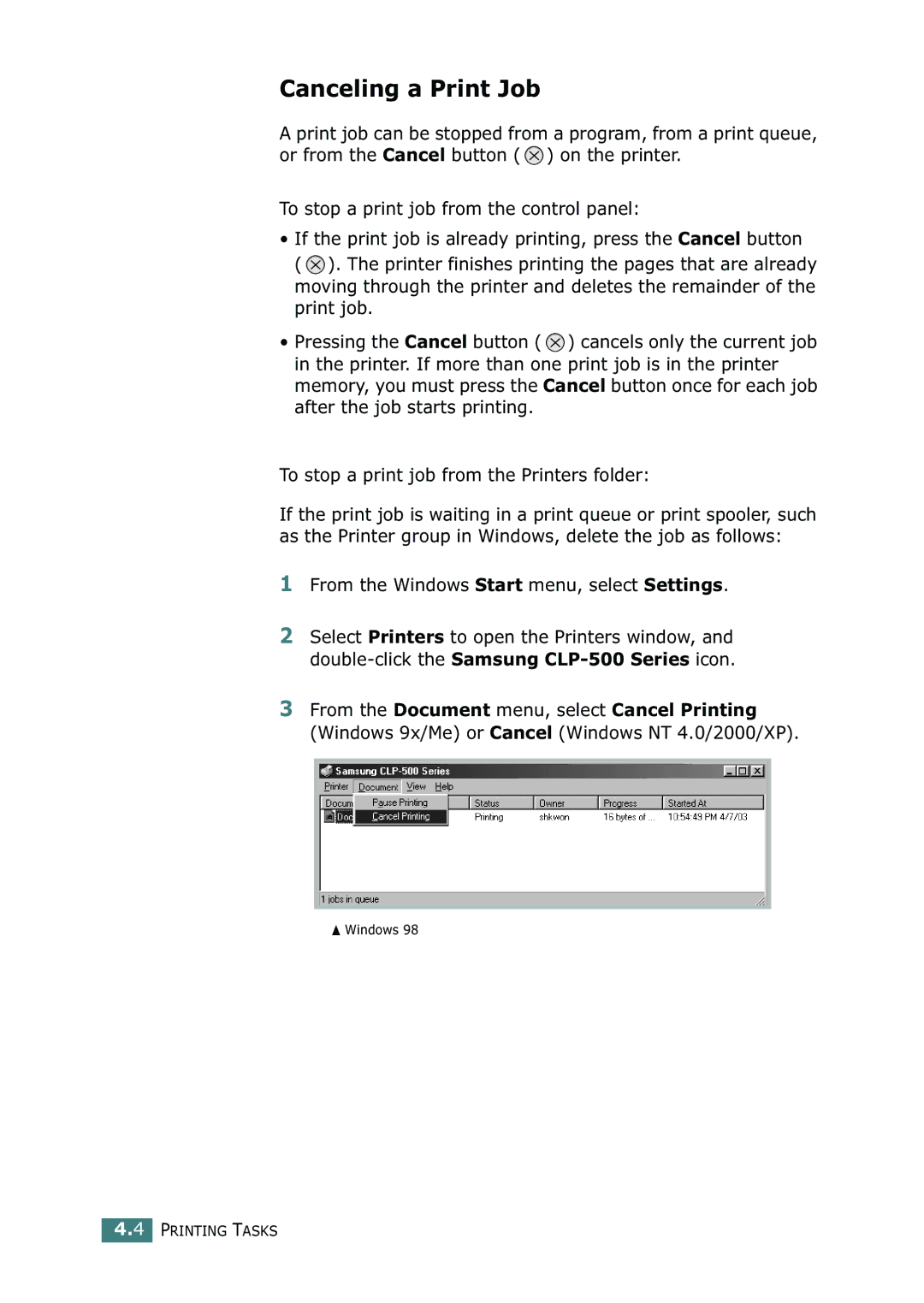 Samsung 500N setup guide Canceling a Print Job, From the Windows Start menu, select Settings 