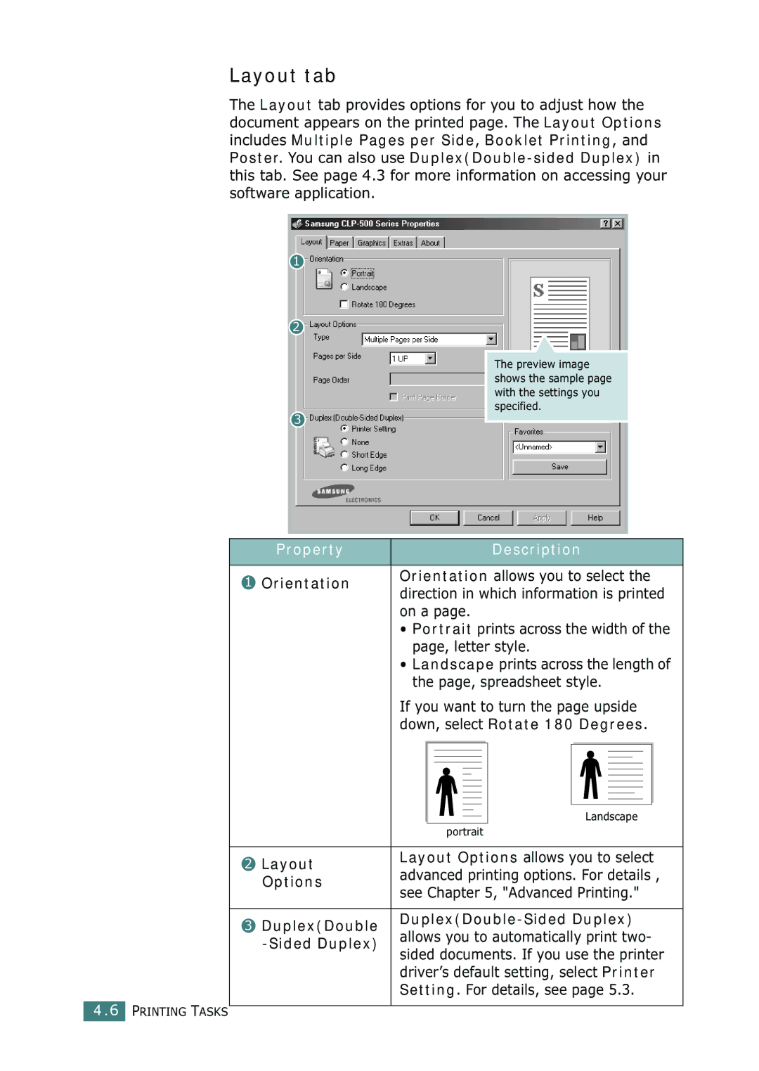 Samsung 500N setup guide Layout tab, On a 