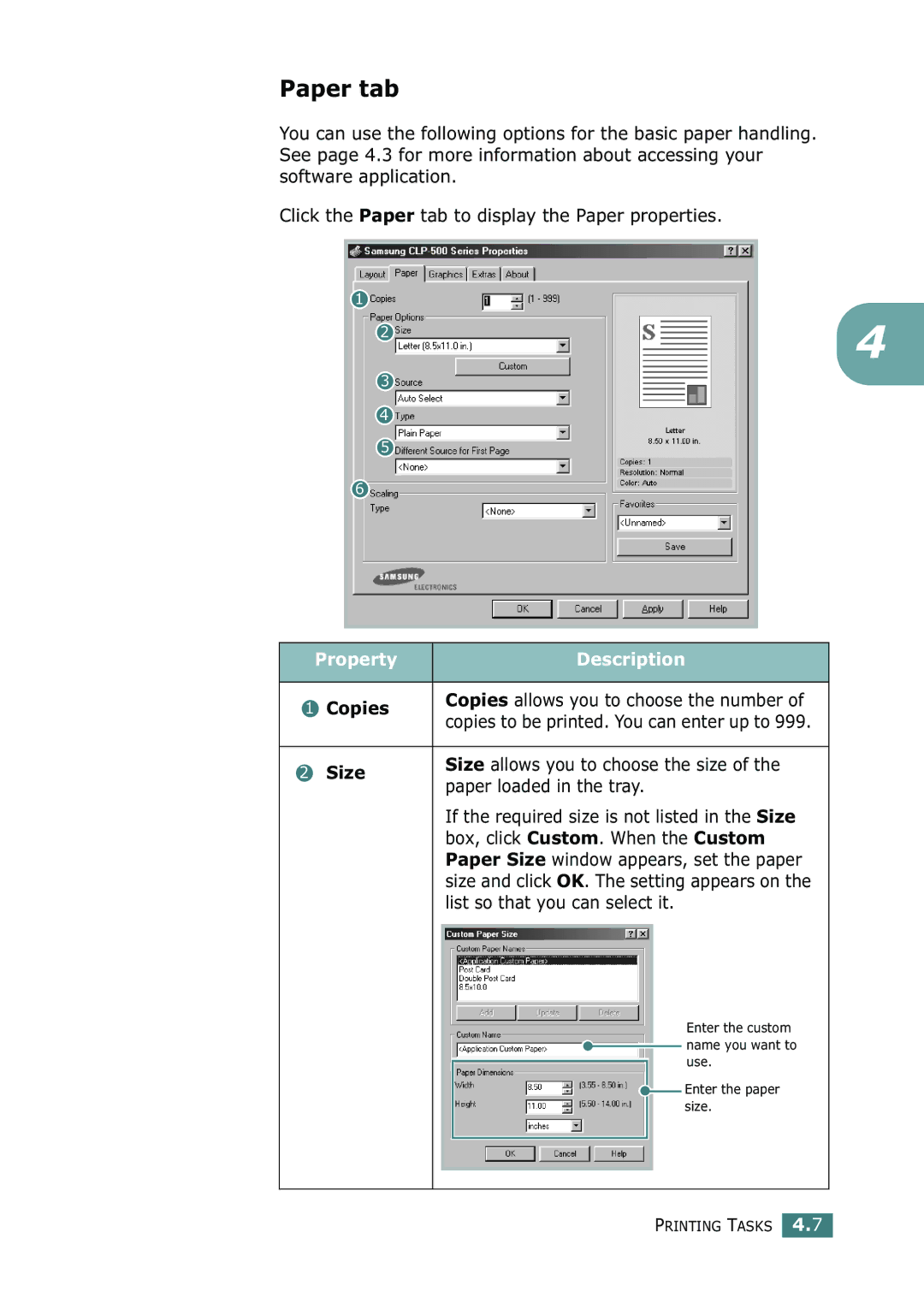 Samsung 500N setup guide Paper tab, Property Description, Copies 