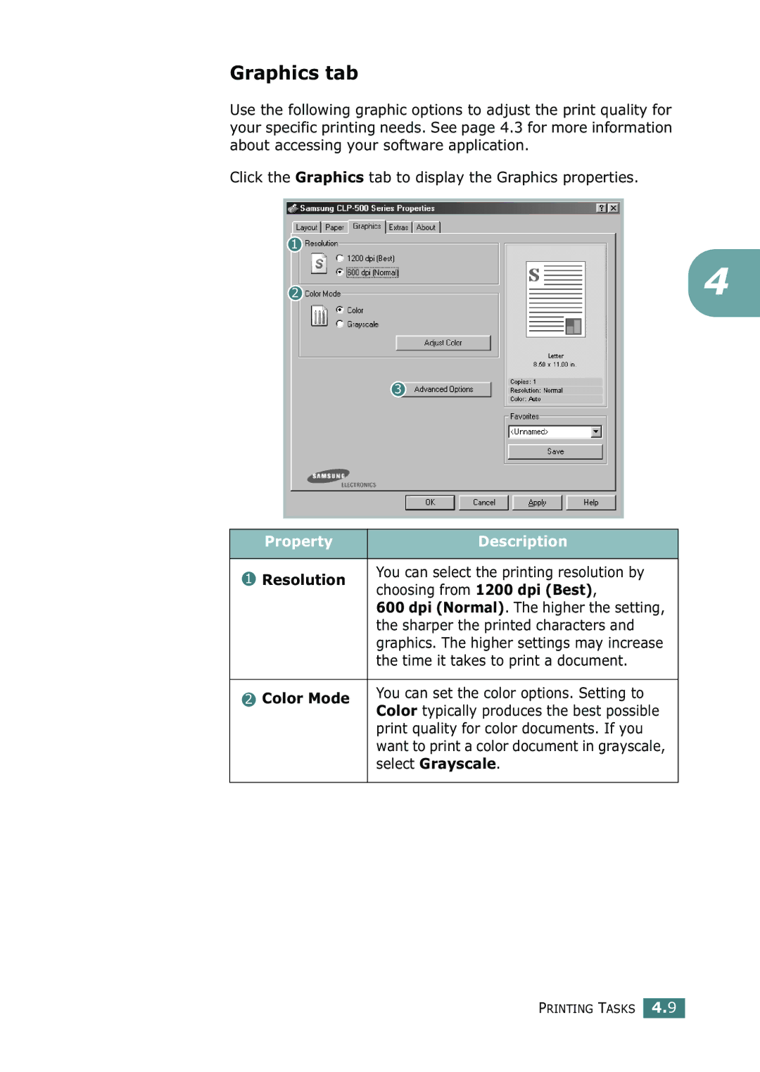 Samsung 500N setup guide Graphics tab, Resolution, Color Mode, Select Grayscale 