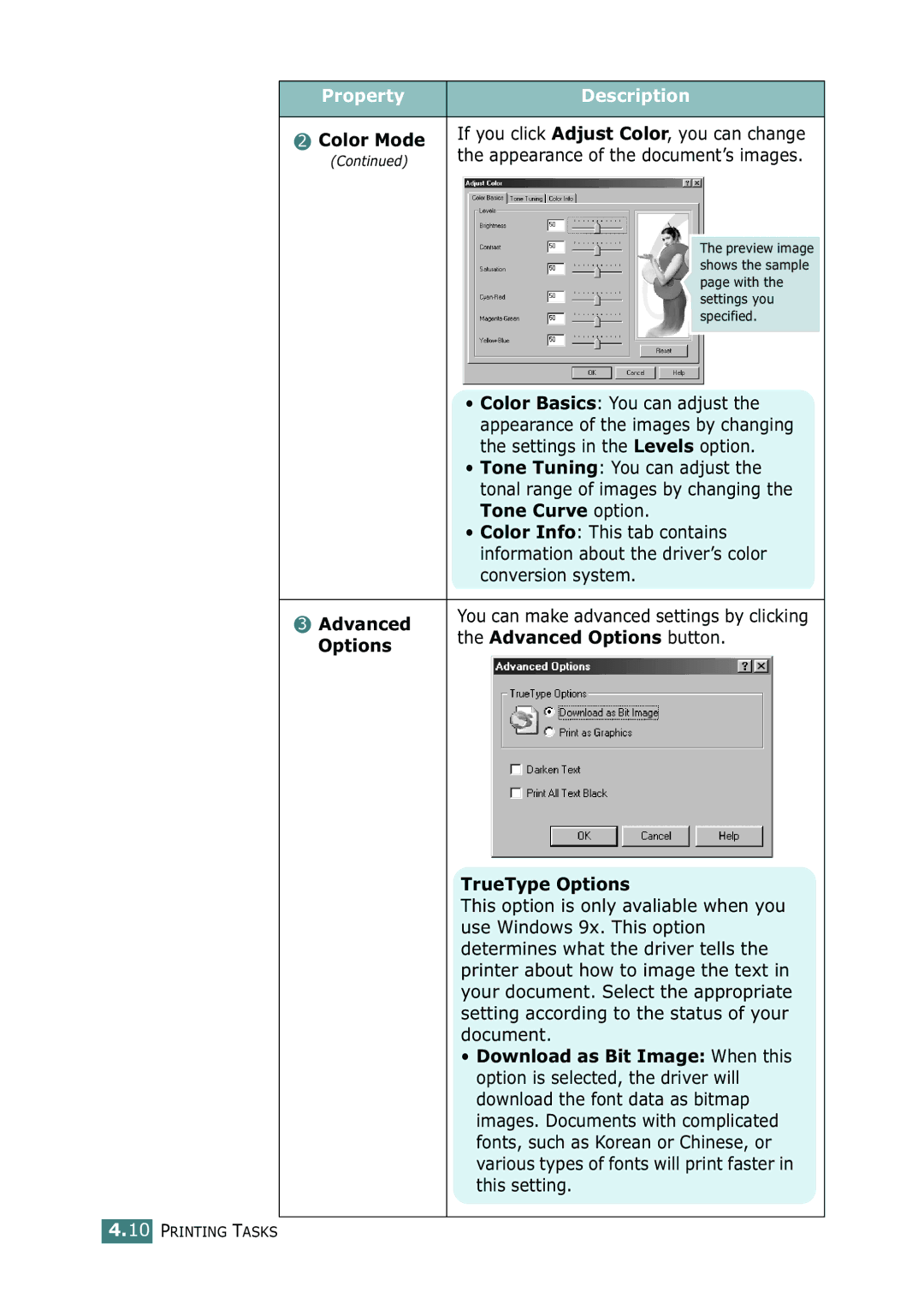 Samsung 500N setup guide Advanced Options button, TrueType Options 