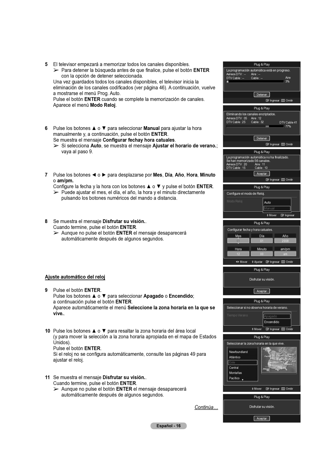 Samsung 510 user manual Se muestra el mensaje Configurar fechay hora catuales, Ajuste automático del reloj 