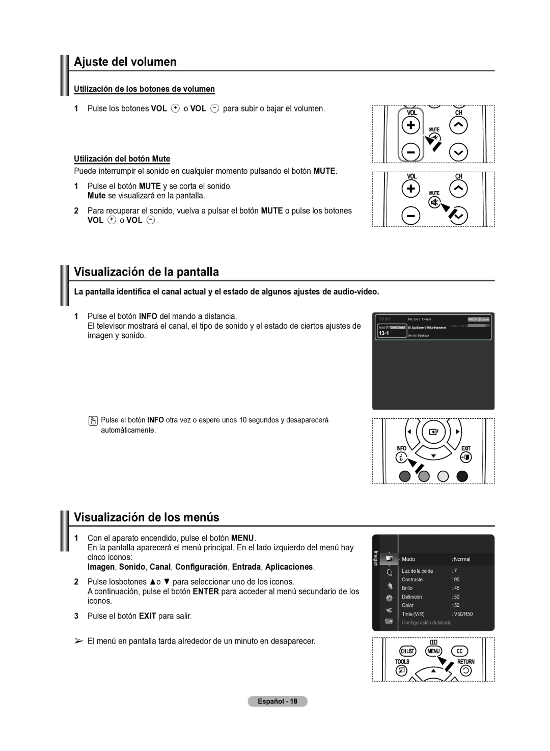 Samsung 510 user manual Ajuste del volumen, Visualización de la pantallla, Visualización de los menús 