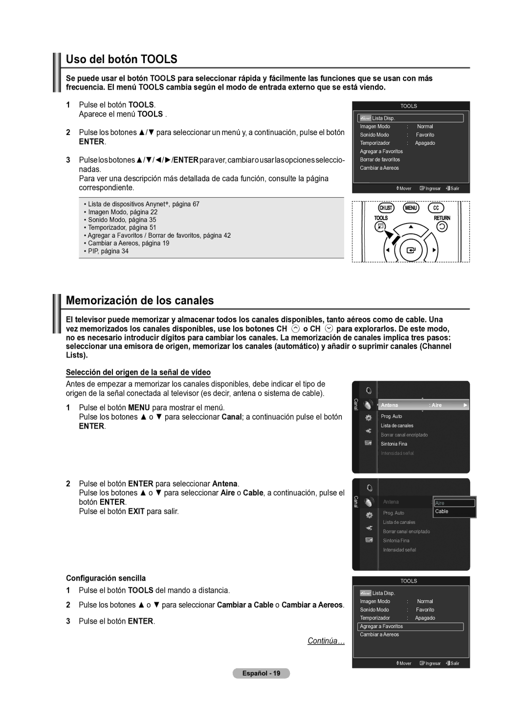 Samsung 510 user manual Uso del botón Tools, Memorización de los canales, Selección del origen de la señal de vídeo 