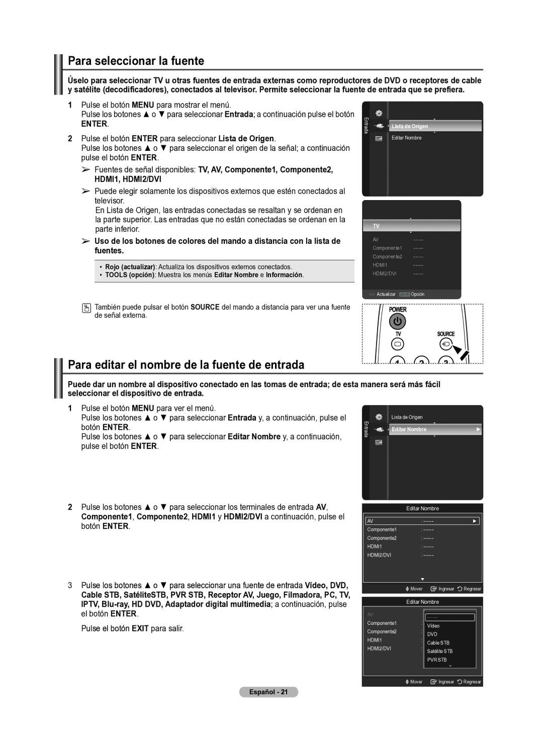 Samsung 510 Para seleccionar la fuente, Para editar el nombre de la fuente de entrada, Pulse el botón Exit para salir 