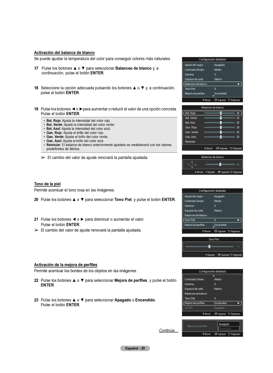 Samsung 510 user manual Activación del balance de blanco, Tono de la piel, Activación de la mejora de perfiles 