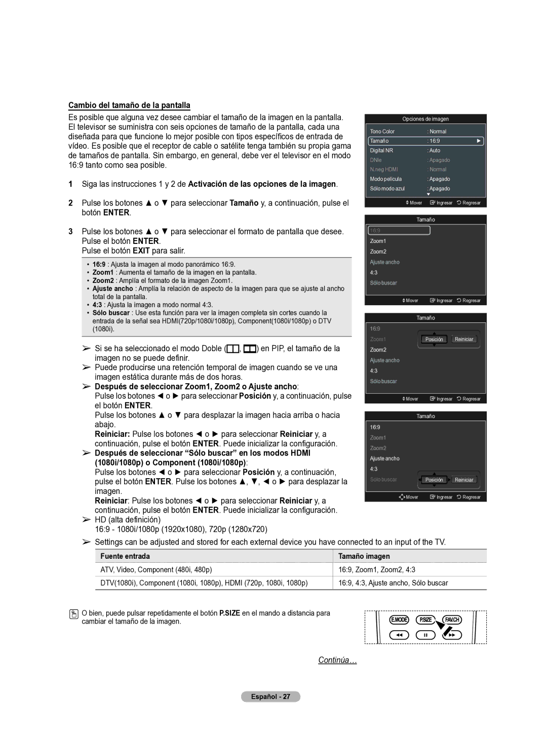 Samsung 510 user manual Cambio del tamaño de la pantallla, Pulse el botón Enter Pulse el botón Exit para salir 