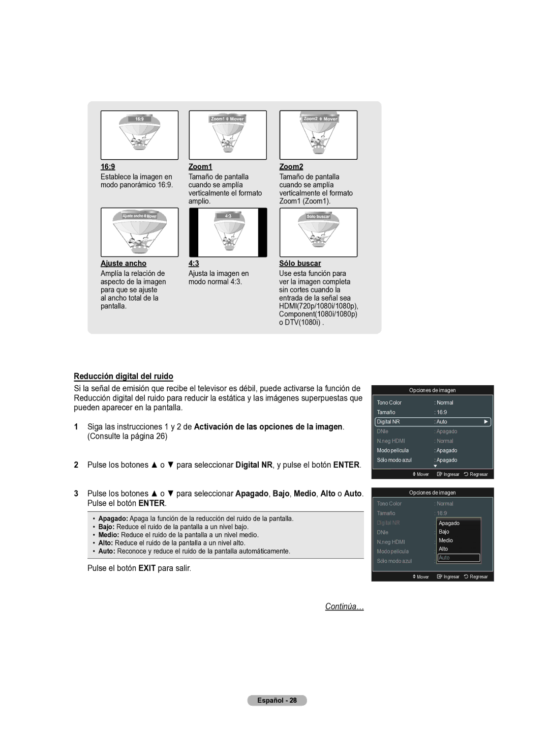 Samsung 510 user manual Reducción digital del ruido, Zoom1 Zoom2, Ajuste ancho Sólo buscar 