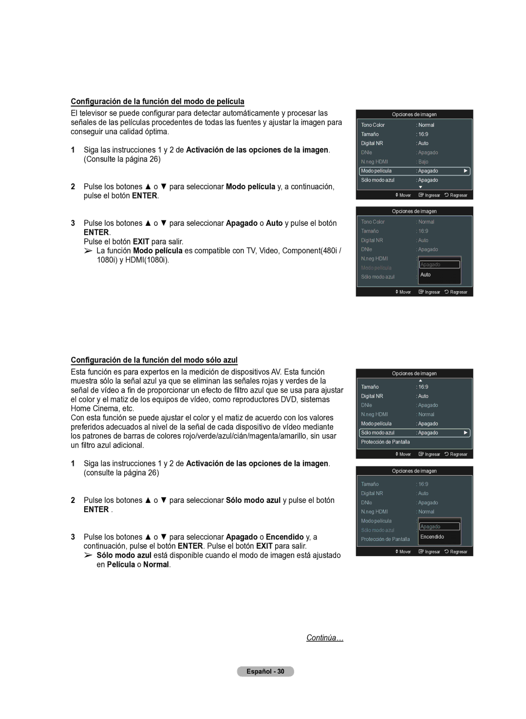 Samsung 510 user manual Configuración de la función del modo de película, 1080i y HDMI1080i 